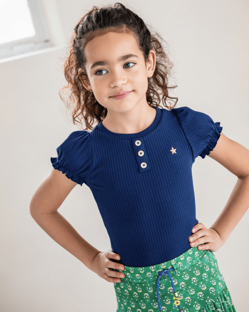 Flo girls solid rib ss tee with button closure - Like Flo