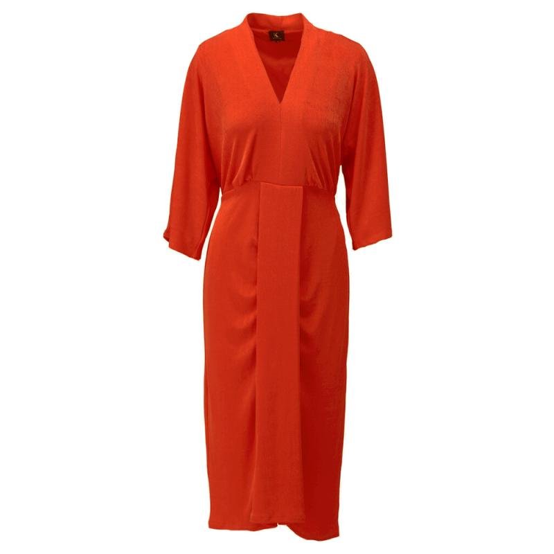Midi V-Hals Jurk met Plooi - K-Design